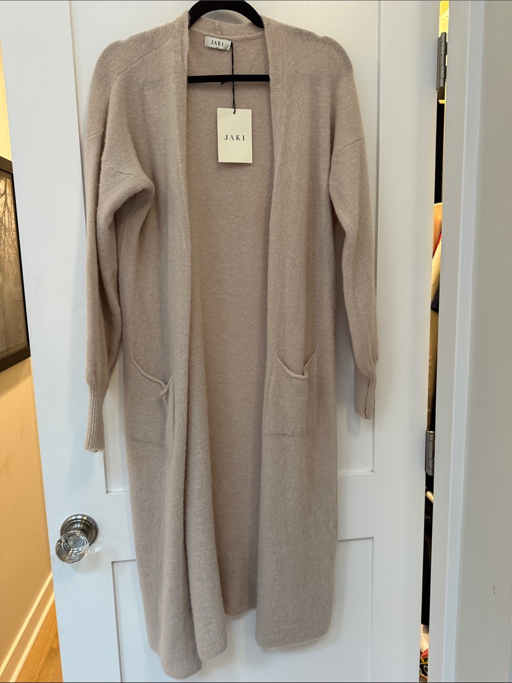 JAKI Long Open-Front Cardigan in Light Taupe